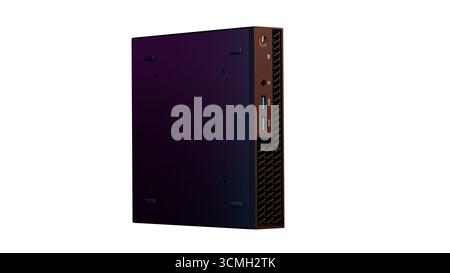 3D render of a single futuristic server tower with purple tones isolated on a white background. A modern symbol of storage, IT infrastructure and digi Stock Photo
