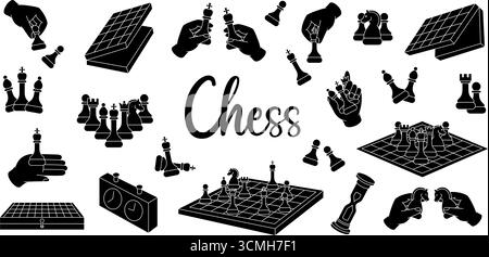 Solid black chess silhouettes with pieces, boards, and clocks in bold style Stock Vector