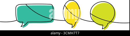 Continuous line art with colorful speech bubbles. Minimal outline conversation and communication Stock Vector