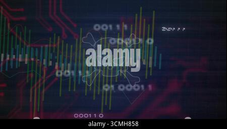 Floating skull and crossbones icon hovering on interface with colorful bars and binary code Stock Photo