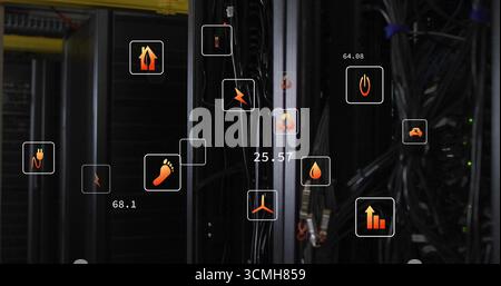 Showing server rack displaying patch cables and cable arms in data center, with icon overlays Stock Photo