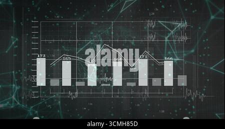 Displaying six bars with line graph in dashboard, with world map, inset waveform and network nodes Stock Photo