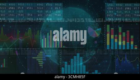 Displaying 3D globe streaming binary code in analytics dashboard, with bar and line graphs, tables Stock Photo