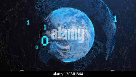 Floating digital Earth globe sending binary digits in virtual space, with glowing nodes and lines Stock Photo