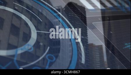 Overlaying HUD interface displaying data nodes across urban skyline, with concentric circles Stock Photo