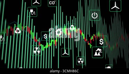Displaying energy dashboard on black interface, with green bars, candlestick line and energy icons Stock Photo