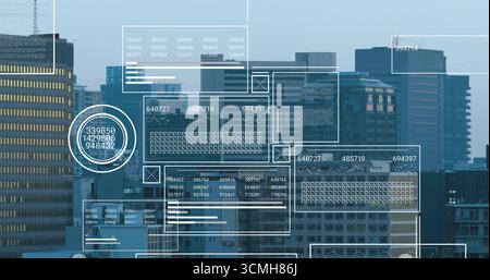 Displaying translucent digital UI overlays over corporate skyline at business district, with charts Stock Photo