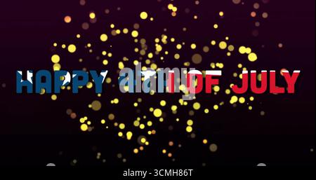 Displaying bold text HAPPY 4TH OF JULY on digital graphic dark gradient backdrop, with golden bokeh Stock Photo