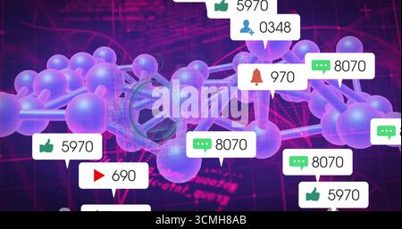 Displaying purple sphere network floating over dark grid, with social media icons and code overlay Stock Photo