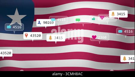 Floating notifications hovering over rippling stars-and-stripes flag, with envelopes bells pins Stock Photo