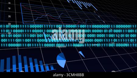 Displaying glowing binary band overlaying grid dashboard, with bar chart, pie chart and line graph Stock Photo