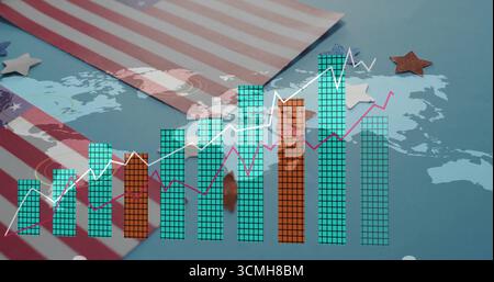 Displaying world map with teal or orange bars and white or magenta lines and striped card stars on t Stock Photo