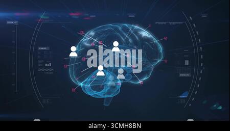 Displaying holographic 3D brain model on dark virtual interface, showing user-profile icons and HUD Stock Photo