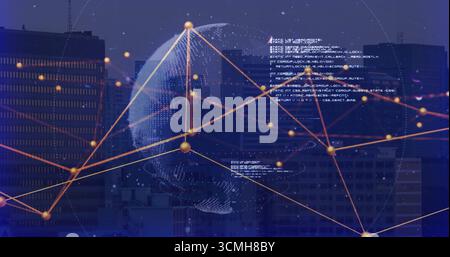 Displaying wireframe globe radiating orange network nodes and code snippets over night city towers Stock Photo