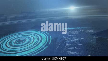 Displaying circular HUD graphic emitting cyan over dark grid skyline, with code streams, copy space Stock Photo