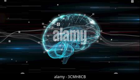 Floating wireframe brain model rotating in virtual interface, with glowing nodes and data trails Stock Photo