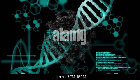Displaying virus model intersecting teal DNA helix in lab interface with hexagon diagrams and code Stock Photo