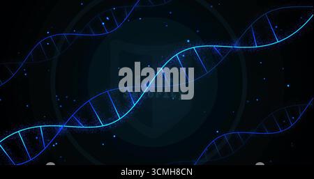 Twisting glowing DNA double helix strands across digital space, with luminescent particles Stock Photo