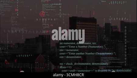 Streaming programming code overlay glowing over high-rise office towers at dusk, with binary digits Stock Photo