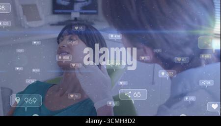 Reclining patient receiving dental exam in clinic, with dentist using tool and floating icons Stock Photo