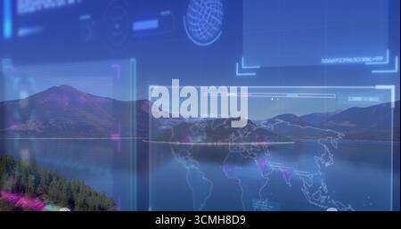 Displaying mountain lake in valley, with digital panels, grid overlays, world map and scanning data Stock Photo