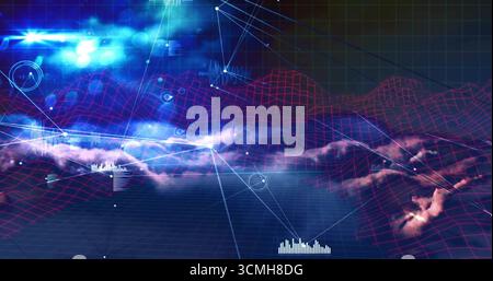 Displaying magenta wireframe grid hovering in purple mist in virtual interface, with nodes and bars Stock Photo