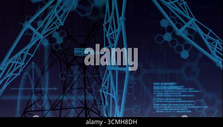Floating blue lattice nodes in digital grid, with power tower silhouette and hexagonal mesh pattern Stock Photo