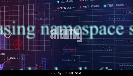 Displaying central blurred namespace text on virtual screen, with grid, icons, line charts, tickers Stock Photo