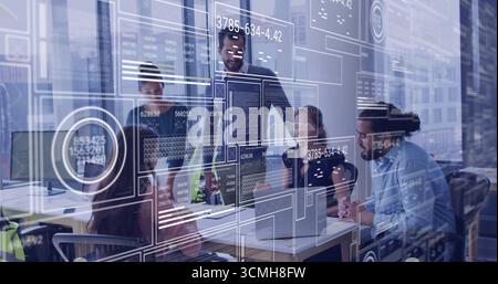 Collaborating developers pointing at computer screens in conference room, with digital code panels Stock Photo