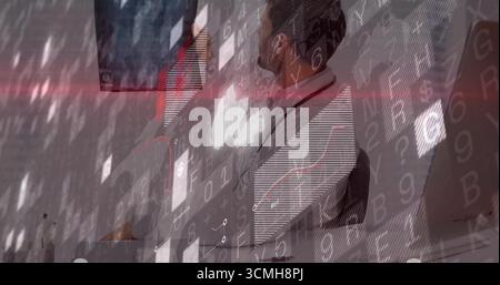 Viewing digital projections on wall, adult man sitting at desk in modern office, with water bottle Stock Photo