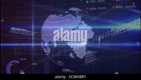 Displaying digital globe over dark interface with binary code streams and numerical grid lines Stock Photo