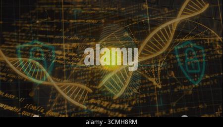 Displaying fingerprint overlay over glowing orb on grid, with DNA helix, shield icons, golden code Stock Photo