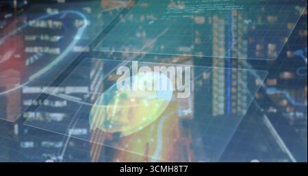 Displaying holographic panels loading in virtual dashboard, with code windows and circular gauges Stock Photo