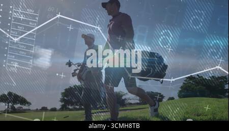 Walking two golfers carrying bags, wearing baseball caps, sneakers on fairway, with financial data Stock Photo