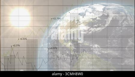 Showing Earth globe rotating in outer space, with bright sun, grid, data charts, percentage labels Stock Photo