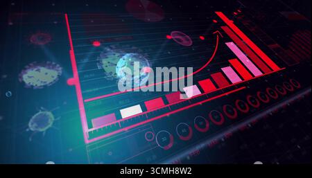 Displaying dashboard with bar, line and gauge charts, month labels and virus models on dark panel Stock Photo