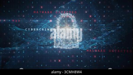 Glowing padlock hovering in network, with red MALWARE DETECTED, white CYBERCRIME text, code grid Stock Photo