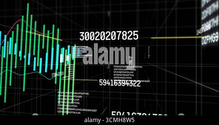 Displaying bar graph with numeric overlay in virtual 3D grid, green bars and multicolor line plots Stock Photo