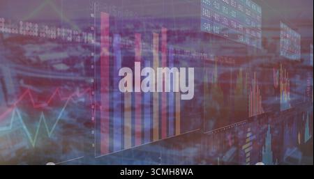 Displaying colorful bar chart on finance screen over city with scrolling tickers and numeric axes Stock Photo