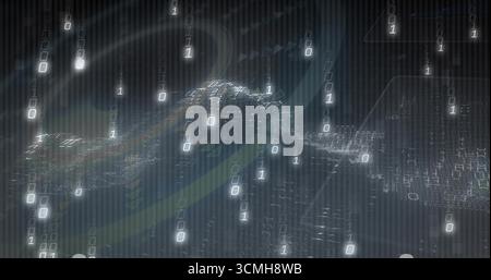 Streaming glowing binary digits forming 3D wave above dark grid lines, with light gradient effects Stock Photo