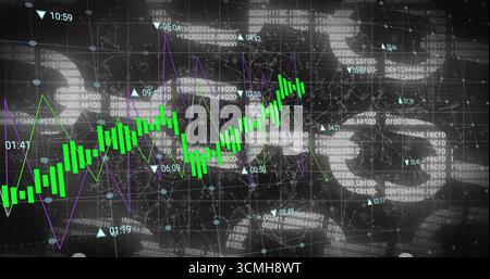 Displaying green candlestick chart showing trend on network grid interface, with purple line graph Stock Photo