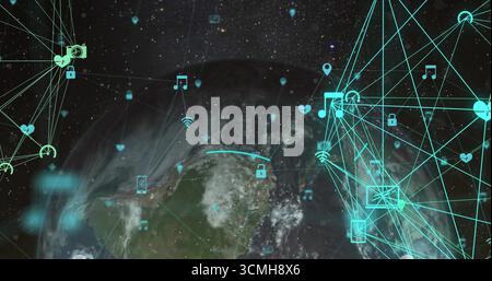 Displaying partial Earth globe in orbital space, linking padlock and Wi-Fi icons with network lines Stock Photo