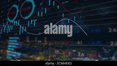 Displaying market overlay over night skyline with candlestick and bar charts, gauges and numbers Stock Photo