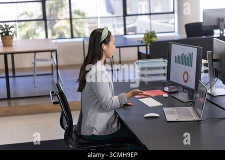 Computer monitor displaying colorful charts and laptop resting on desk Stock Photo