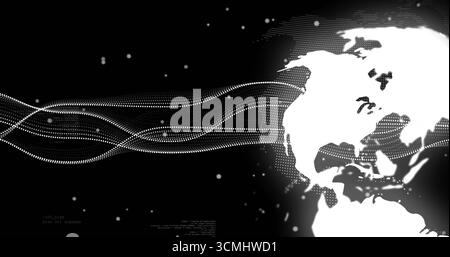 Displaying stylized Western Hemisphere Earth map flowing waveforms, dots against dark, copy space Stock Photo