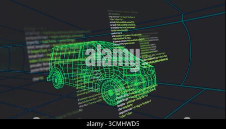 Hovering neon green wireframe van model in 3D tunnel, showing cyan grid lines and code snippets Stock Photo