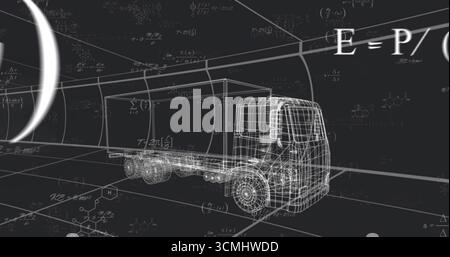 Displaying wireframe semi-trailer truck in tunnel with grid lines, equations, chemical formulas Stock Photo