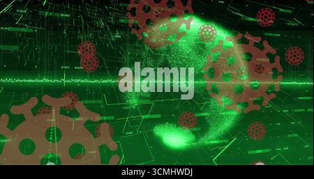 Floating virus icons swirling in green digital grid, with data readouts highlighting particle globe Stock Photo