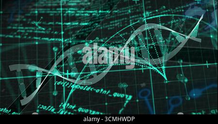Floating stylized DNA helix over dark grid, with code strings, molecular icons and network nodes Stock Photo