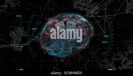 Displaying wireframe brain hologram in digital interface linking red viral particles to data nodes Stock Photo